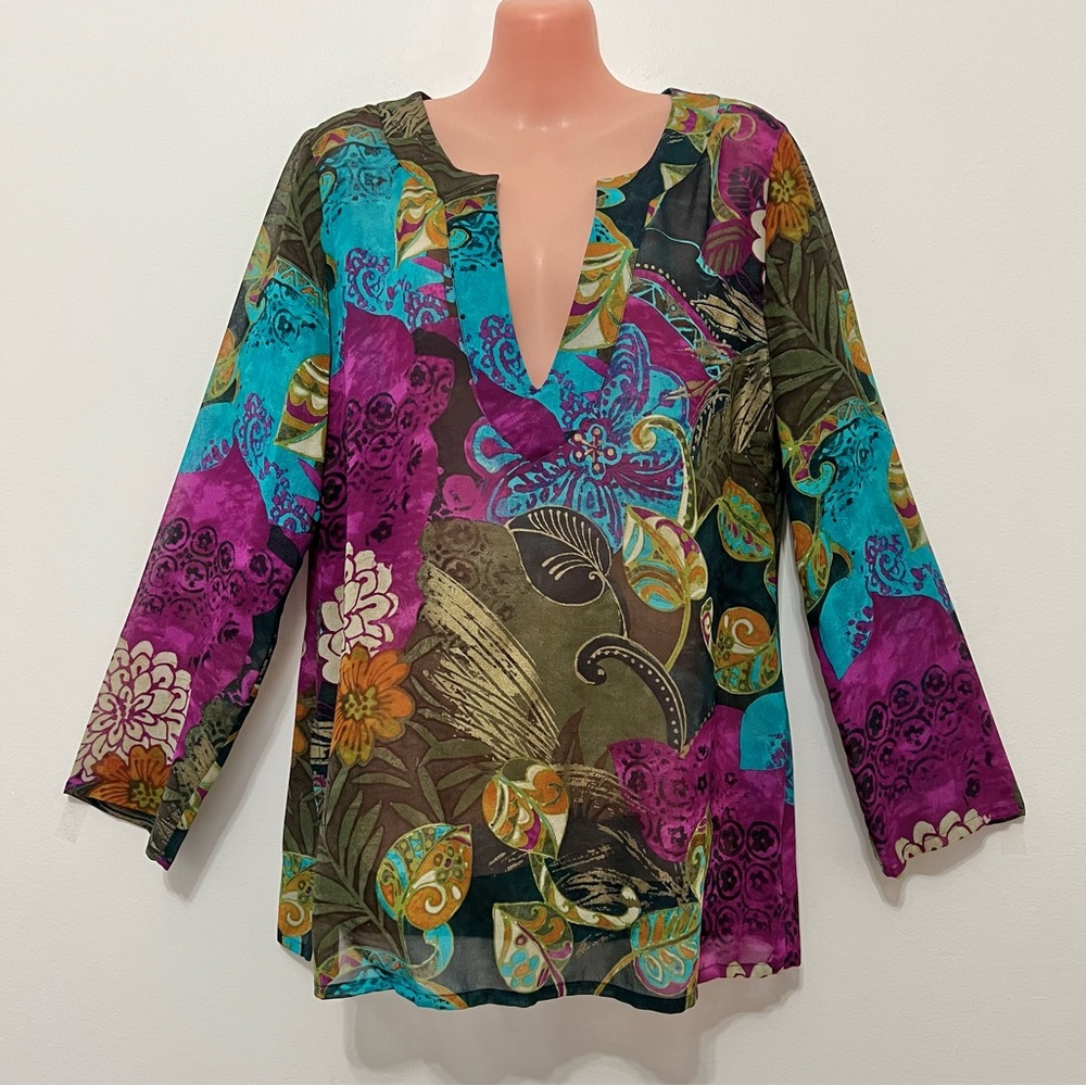 Chico’s Multicolored Silk Tunic Top Boho Festival